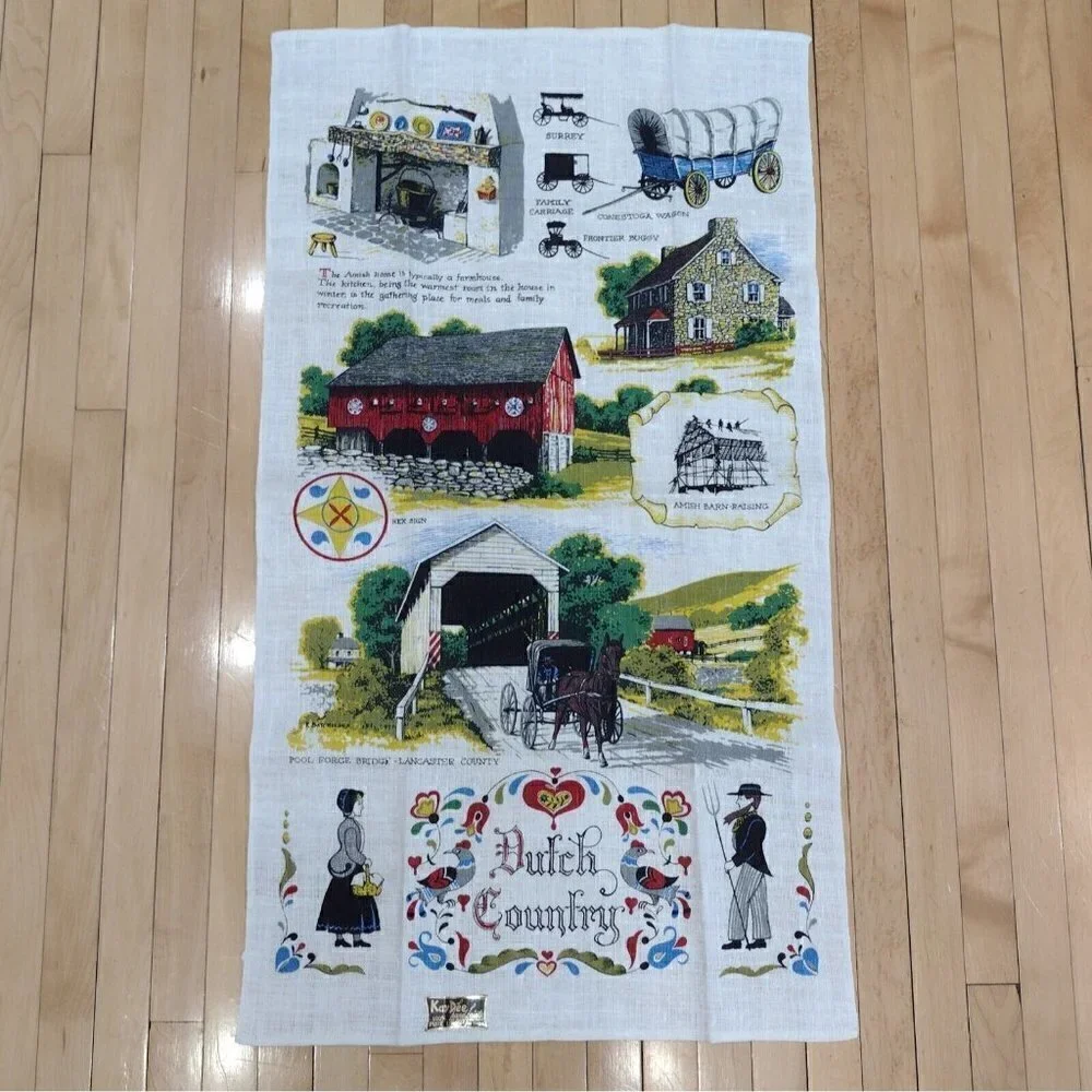 Vintage KayDee Hand Prints Pure Linen Tea Towel Dutch Country Amish Pennsylvania